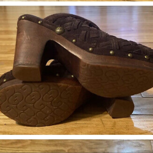Ugg Womens Brown Woven Leather Clogs Stud Sheepskin Lined Wooden Heel - Picture 4 of 6